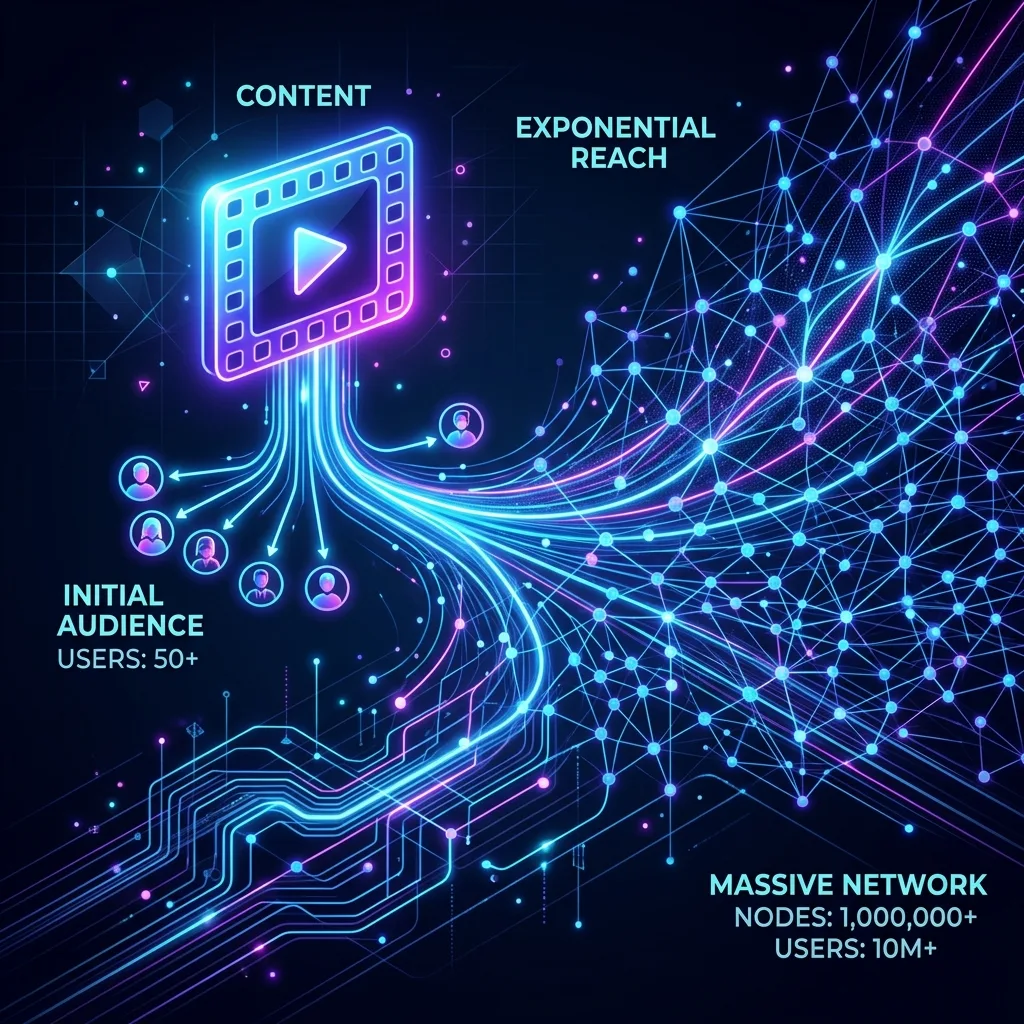Abstract visualization of Instagram's Reels algorithm testing content with a small audience segment before wider distribution