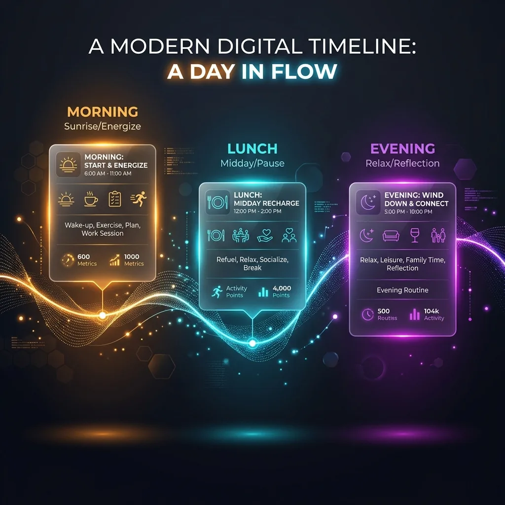 Daily timeline graphic showing the three optimal posting windows for Instagram Reels: morning, lunch, and evening prime time