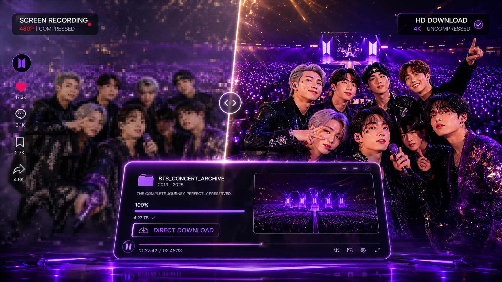A visual comparison showing a compressed, pixelated video interface on the left and a crystal-clear, high-definition 1080p source file on the right