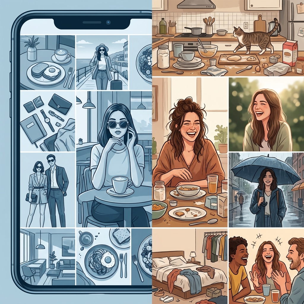 Split-screen comparison showing heavily curated filtered Instagram content versus raw authentic unedited moments — illustrating the growing gap between performance and genuine personal sharing