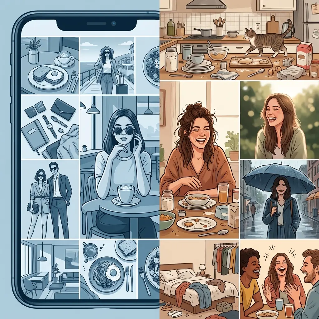 Split-screen comparison showing heavily curated filtered Instagram content versus raw authentic unedited moments — illustrating the growing gap between performance and genuine personal sharing