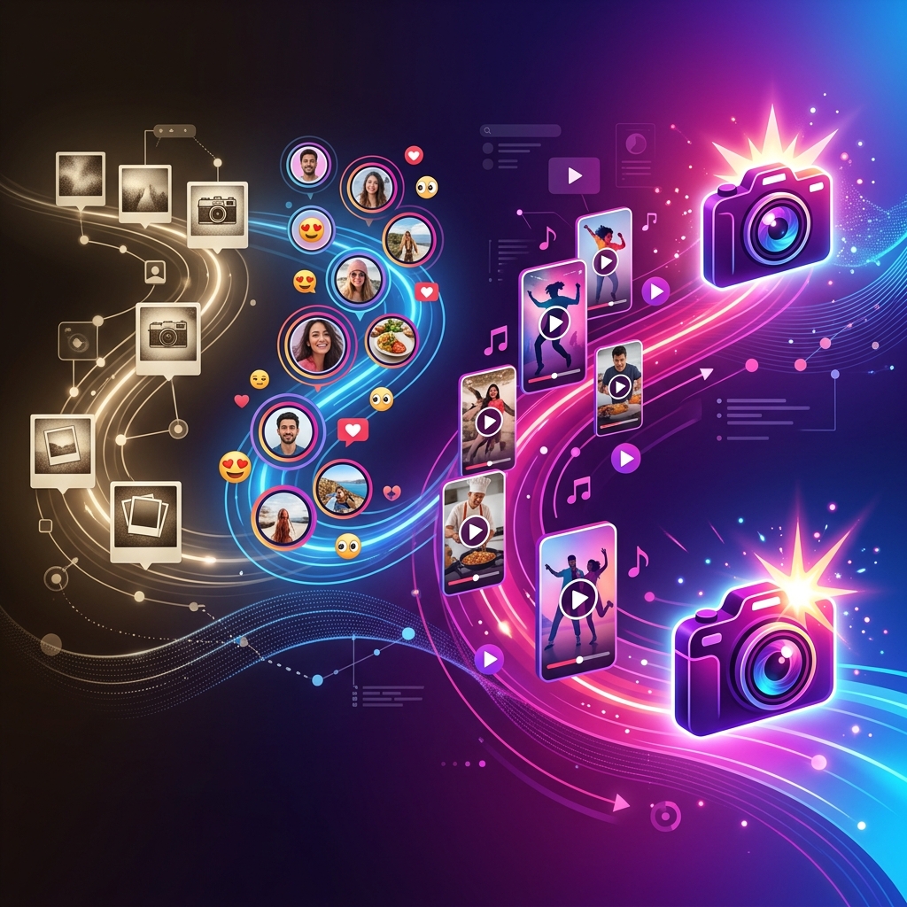 The chronological evolution of Instagram's key features from original square photo posts through Stories and Reels to the new Instants camera flash icon representing real-time unfiltered sharing
