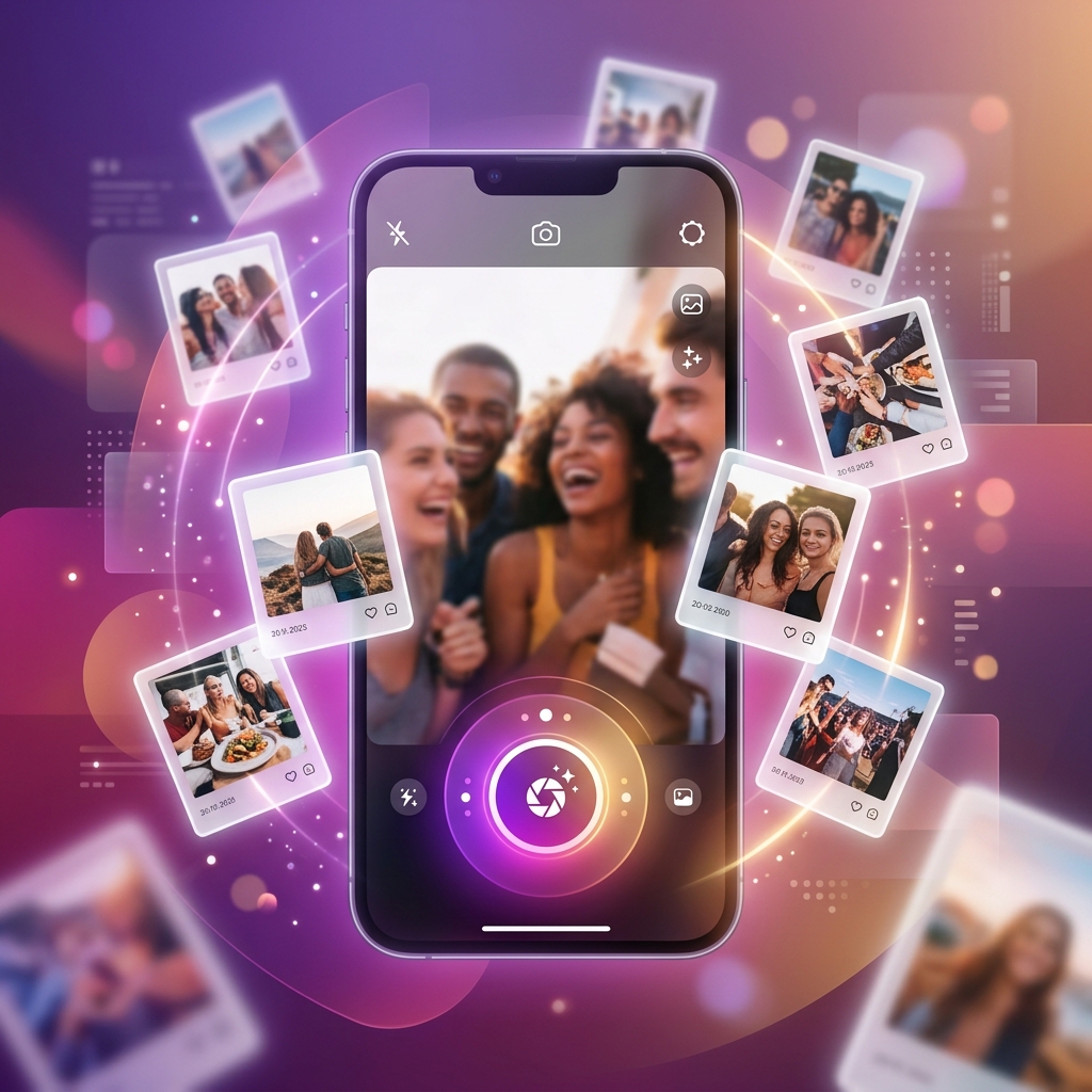 Instagram Instants feature shown on a smartphone screen with instant camera capture interface and polaroid-style unfiltered photo frames floating around the device