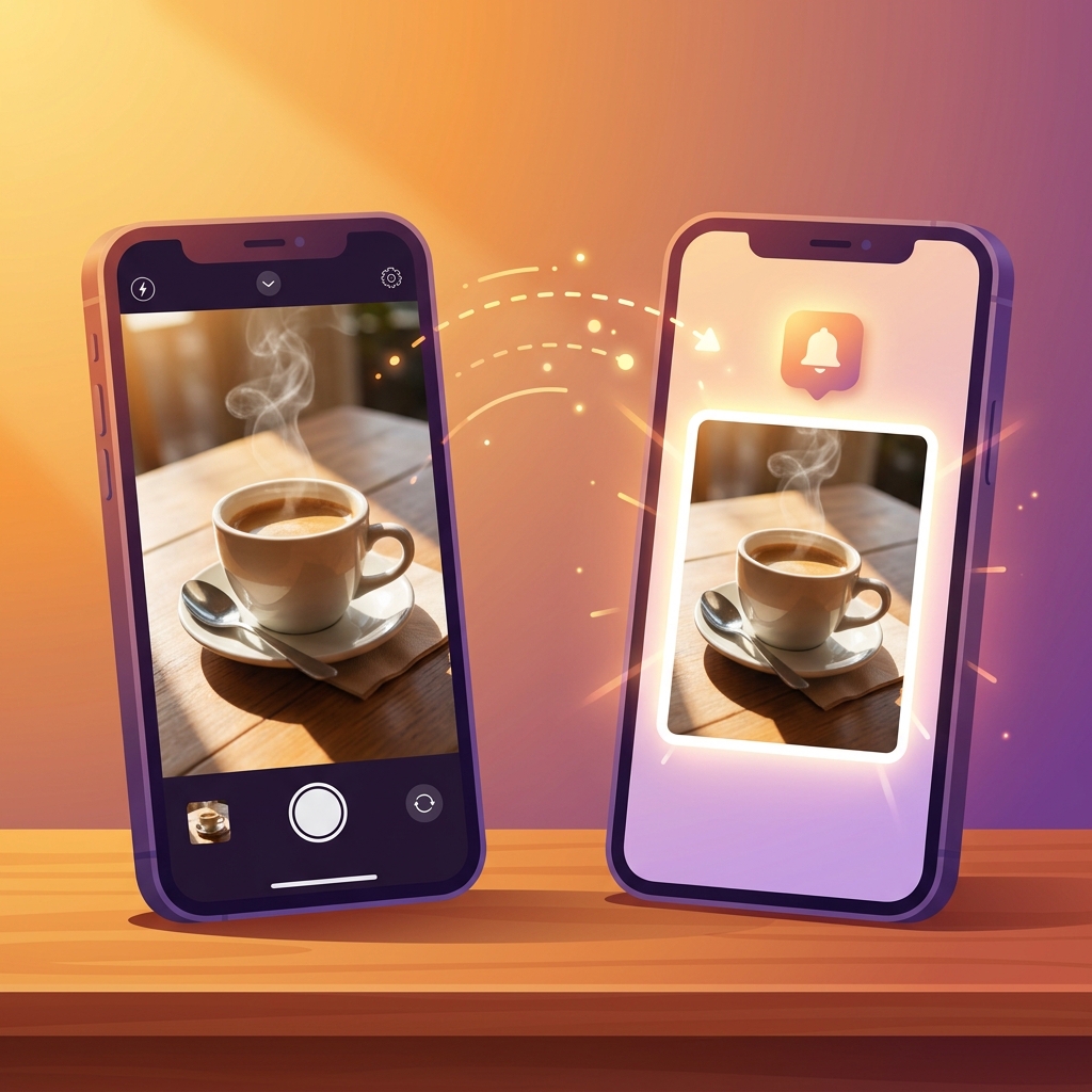Two smartphones demonstrating Instagram Instants photo sharing between friends — one device capturing a candid real-time moment, the other receiving it instantly with reaction options
