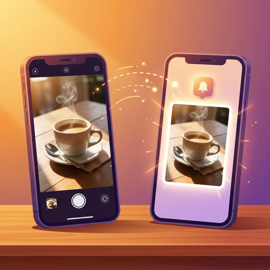 Two smartphones demonstrating Instagram Instants photo sharing between friends — one device capturing a candid real-time moment, the other receiving it instantly with reaction options
