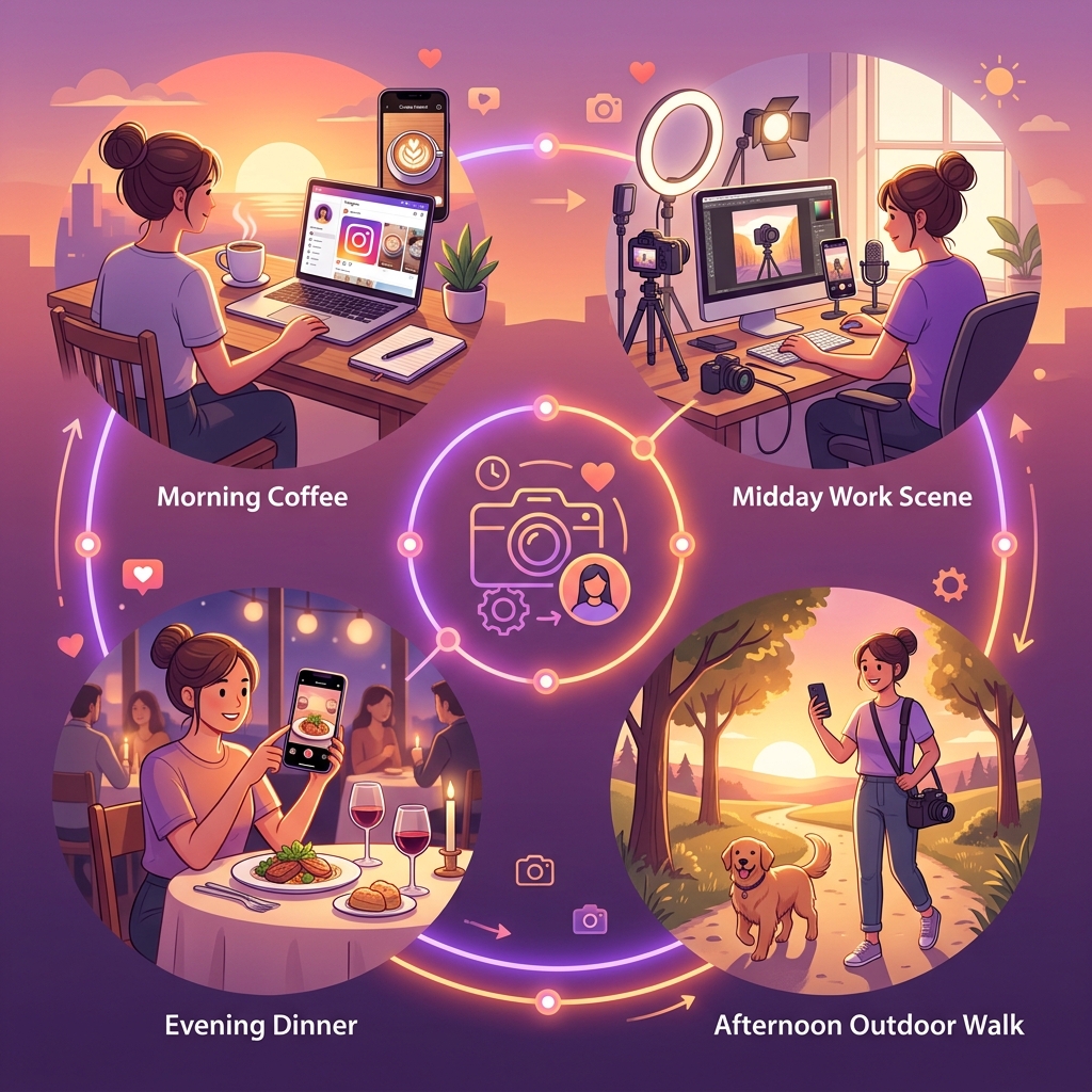 A content creator's full day shown through Instagram Instants — morning coffee workspace setup, midday lunch break, afternoon filming session, and evening personal wind-down moments