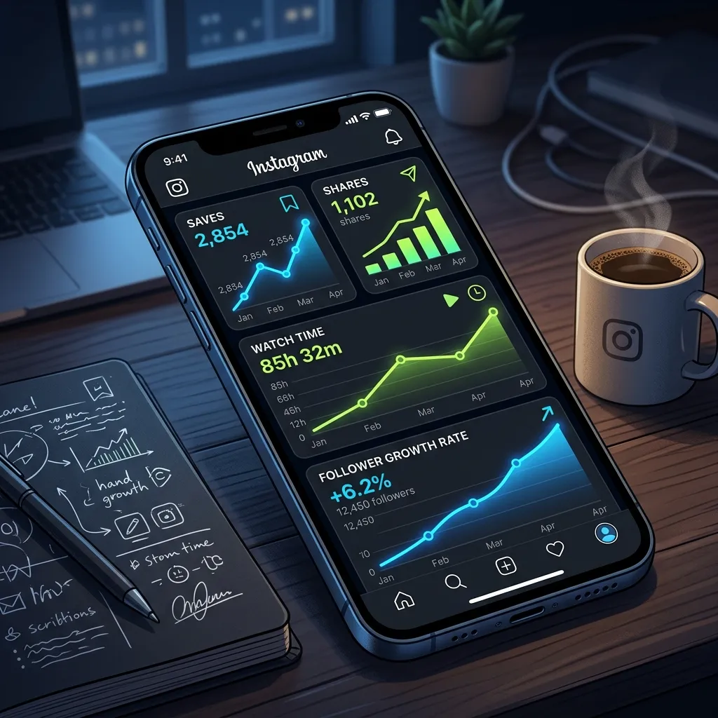 Instagram analytics dashboard showing saves per post, share rate, watch-through percentage, and follower growth per post metrics