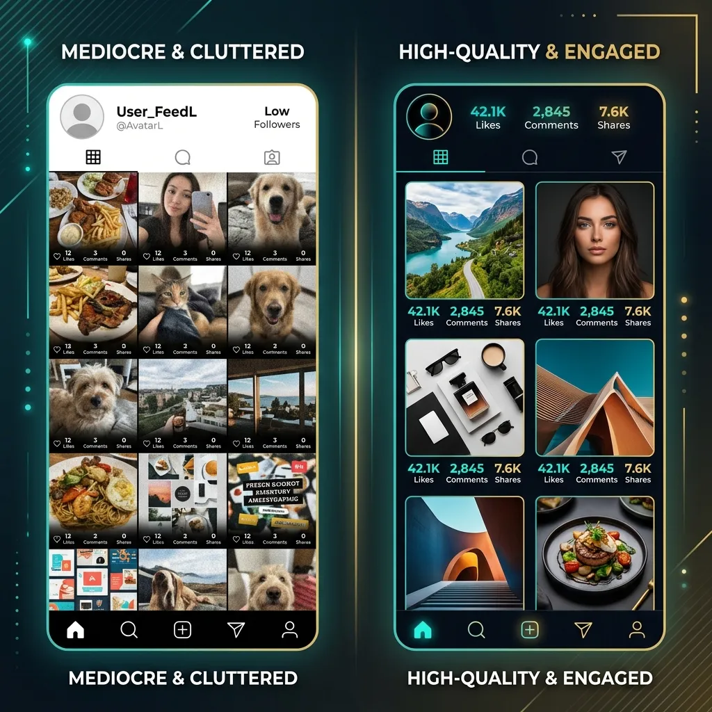 Side-by-side comparison of a cluttered Instagram feed with low per-post engagement versus a curated feed with high engagement metrics on fewer posts