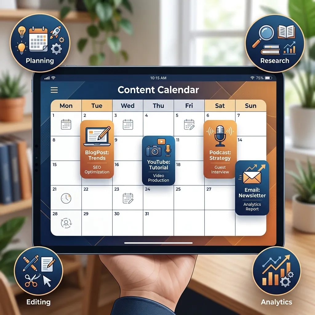 Three-post-per-week Instagram content calendar showing value post, relatability post, and authority post with dedicated research and production time blocks